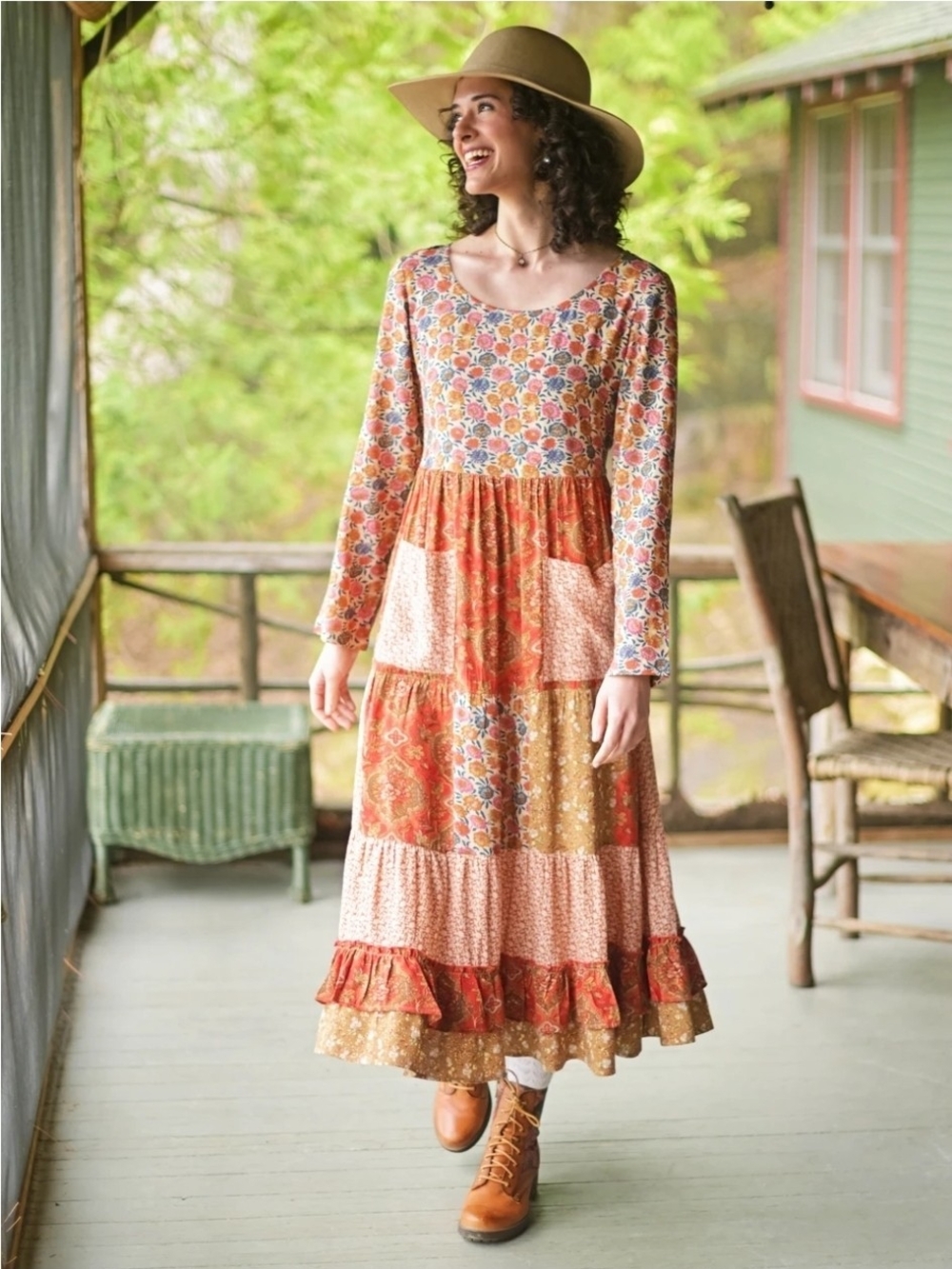 April Cornell Size Medium Orange Floral Patchwork Long Sleeve Maxi Dress